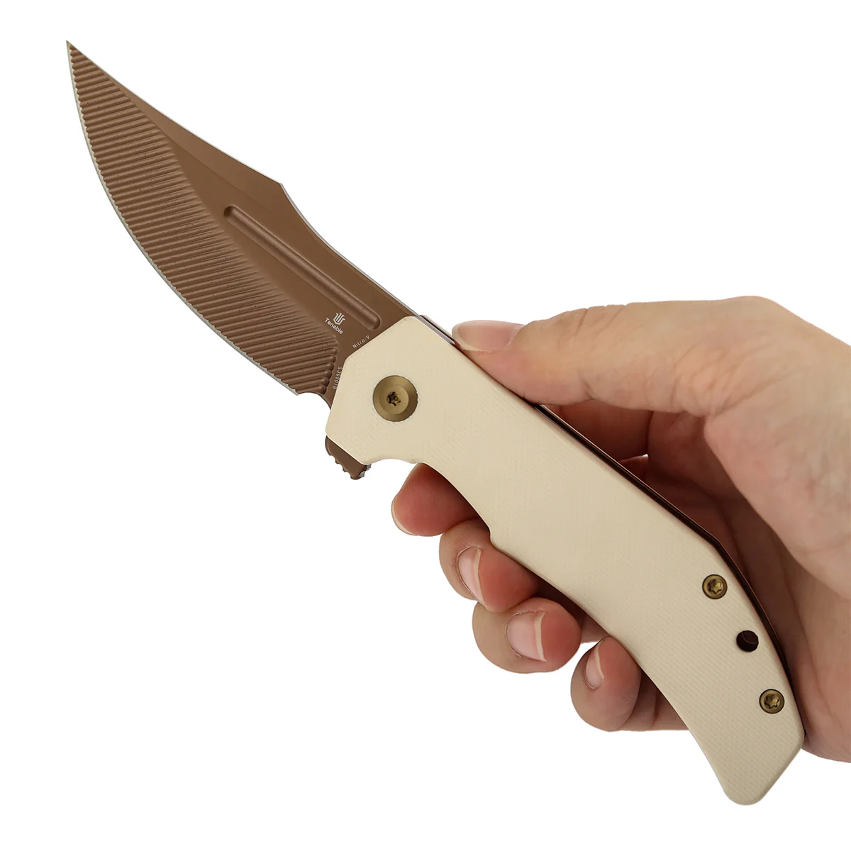 Tenable Orion Flipper Folding Knife | Ivory White G10 Handle | 3.07" Rose Gold Nitro V with CNC Milling Blade | JB Stout Design | B1089C5 - Image 10