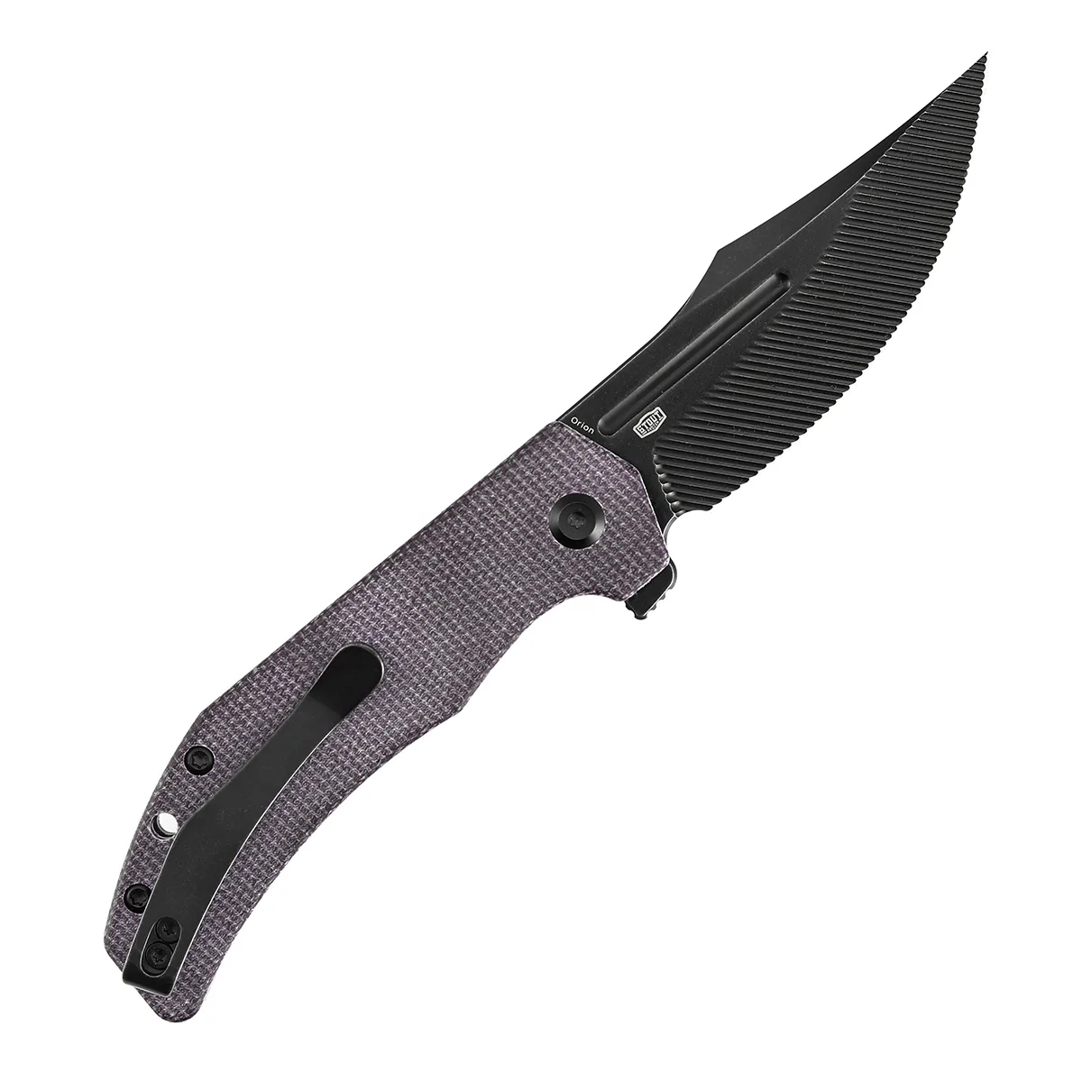 Tenable Orion Flipper Folding Knife | Purple Micarta Handle | 3.07" Blackwash Nitro V with CNC Milling Blade | JB Stout Design | B1089C1 - Image 8