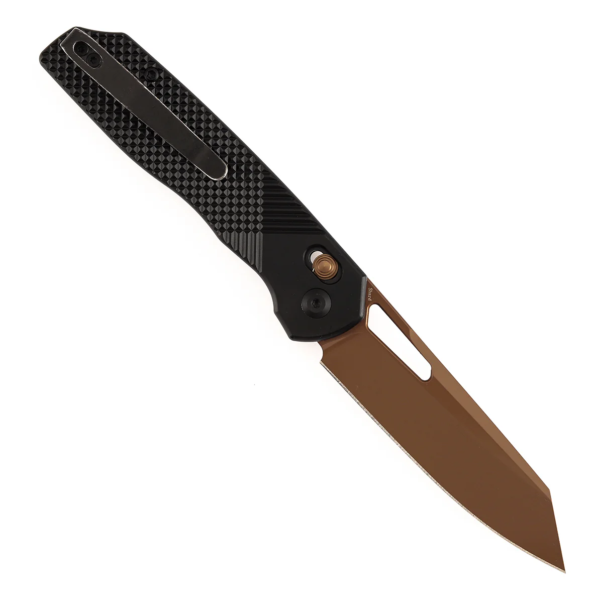 Tenable Shard | Cross Bar Lock Folding Knife | 3.47'' Rose Gold 14C28N Blade | Black Aluminum Handle | Kim Ning Design | T1006V10 - Image 3