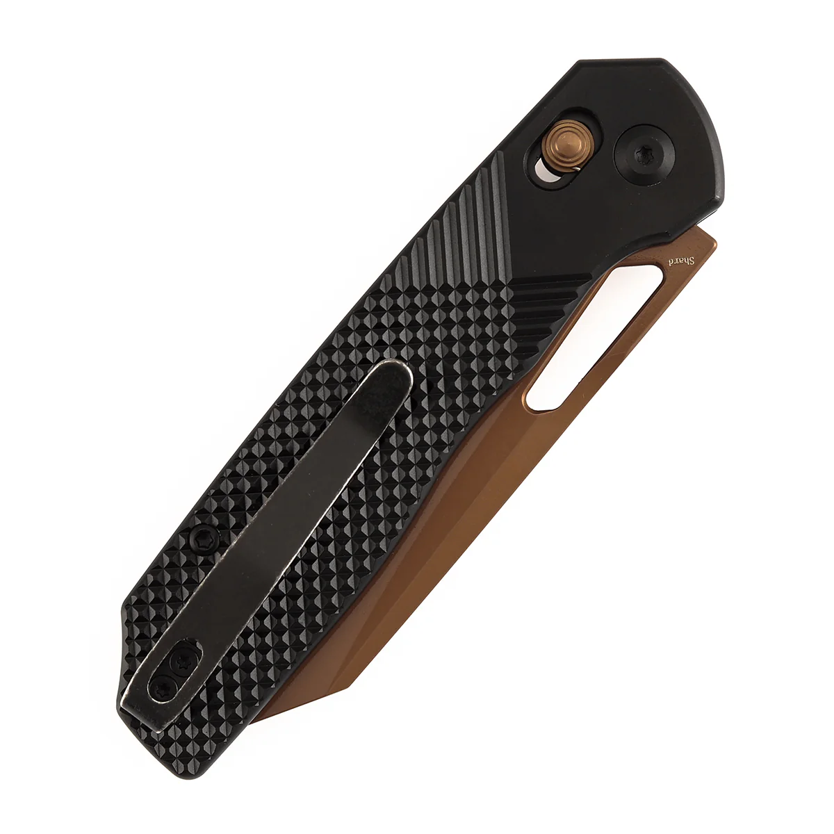 Tenable Shard | Cross Bar Lock Folding Knife | 3.47'' Rose Gold 14C28N Blade | Black Aluminum Handle | Kim Ning Design | T1006V10 - Image 7