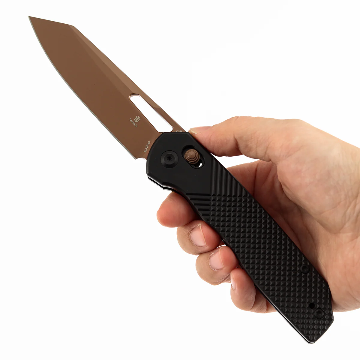 Tenable Shard | Cross Bar Lock Folding Knife | 3.47'' Rose Gold 14C28N Blade | Black Aluminum Handle | Kim Ning Design | T1006V10 - Image 9