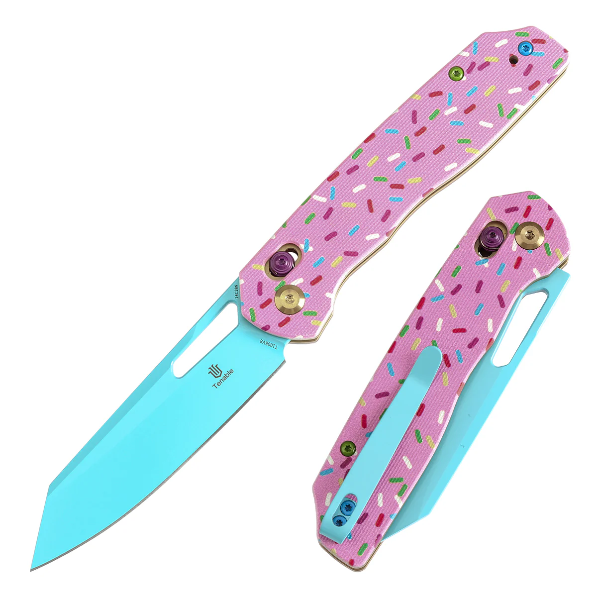 Tenable Shard | Cross Bar Lock Folding Knife | 3.47'' Blue Coated 14C28N Blade | Jade G10 with Donut Print Handle| Kim Ning Design | T1006V8