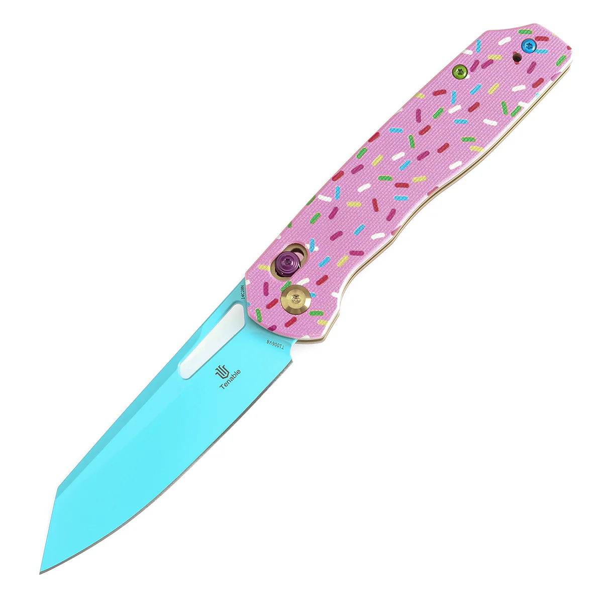 Tenable Shard | Cross Bar Lock Folding Knife | 3.47'' Blue Coated 14C28N Blade | Jade G10 with Donut Print Handle| Kim Ning Design | T1006V8 - Image 2