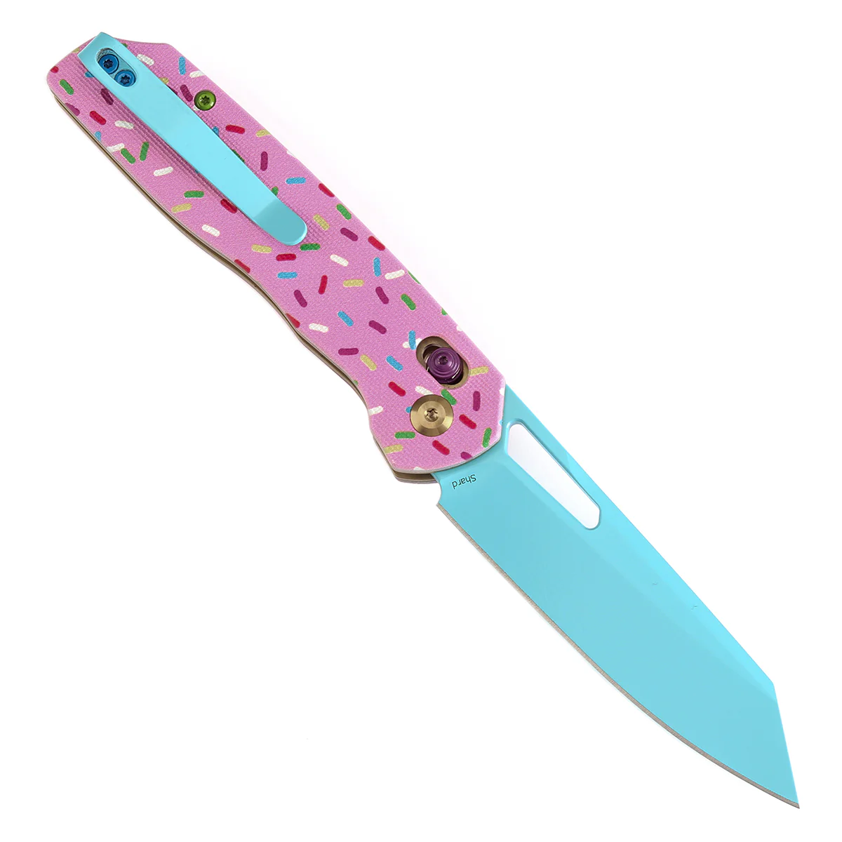 Tenable Shard | Cross Bar Lock Folding Knife | 3.47'' Blue Coated 14C28N Blade | Jade G10 with Donut Print Handle| Kim Ning Design | T1006V8 - Image 3