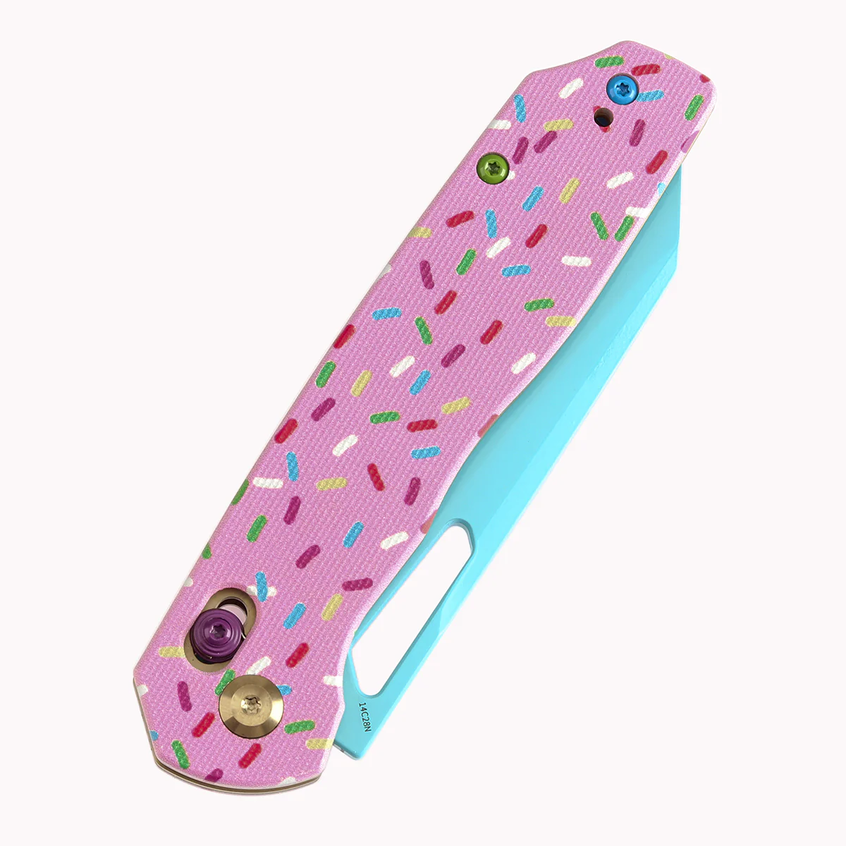 Tenable Shard | Cross Bar Lock Folding Knife | 3.47'' Blue Coated 14C28N Blade | Jade G10 with Donut Print Handle| Kim Ning Design | T1006V8 - Image 6