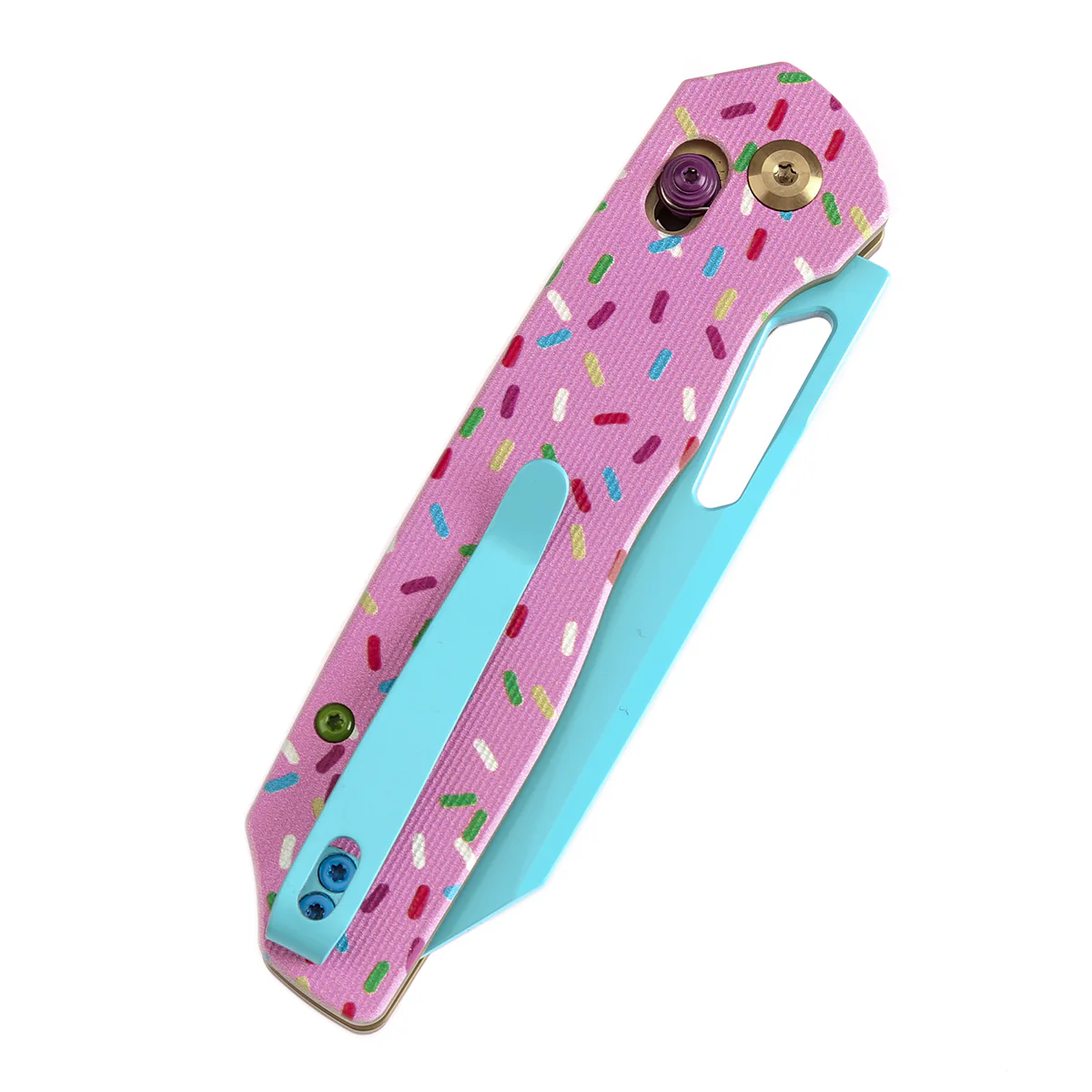 Tenable Shard | Cross Bar Lock Folding Knife | 3.47'' Blue Coated 14C28N Blade | Jade G10 with Donut Print Handle| Kim Ning Design | T1006V8 - Image 7
