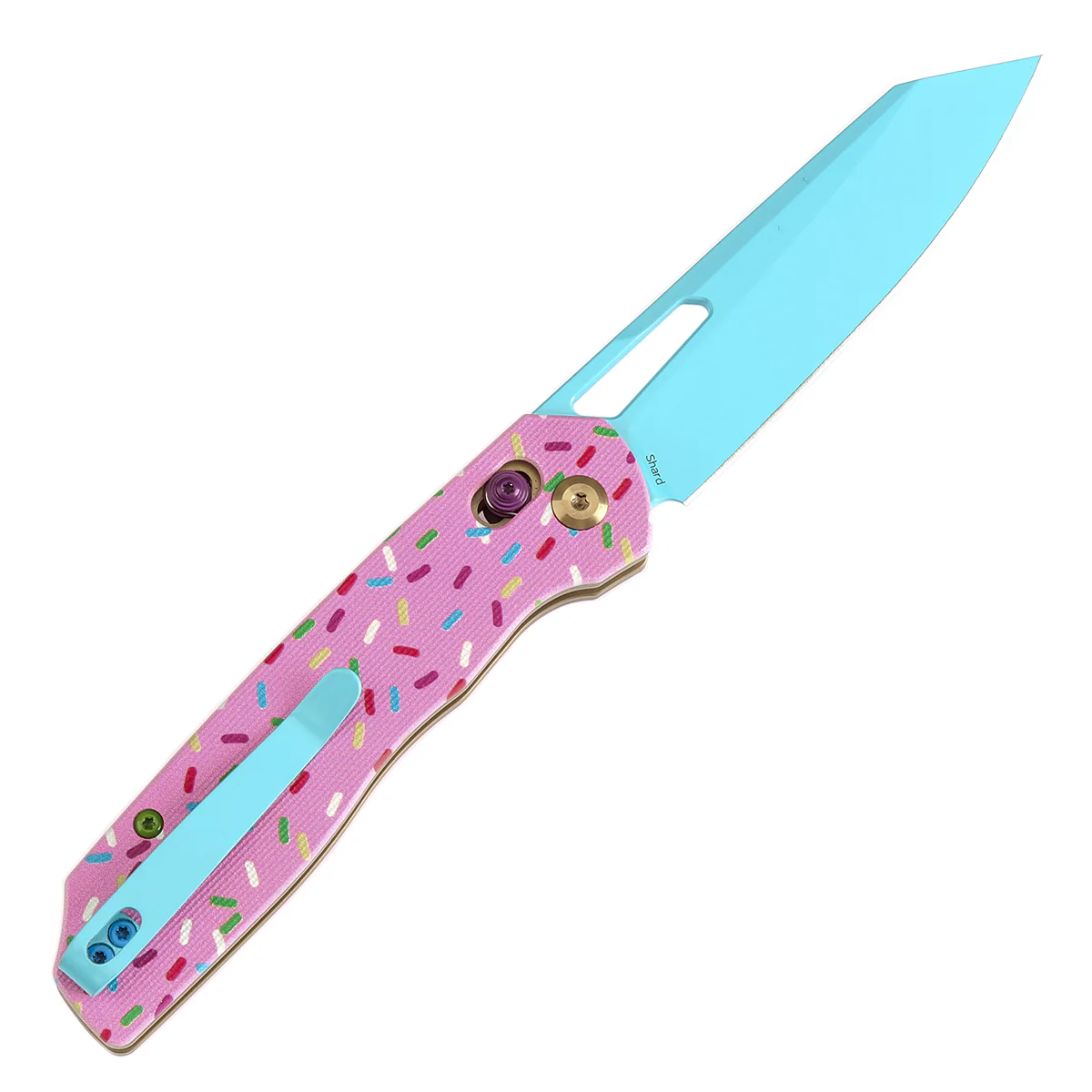Tenable Shard | Cross Bar Lock Folding Knife | 3.47'' Blue Coated 14C28N Blade | Jade G10 with Donut Print Handle| Kim Ning Design | T1006V8 - Image 8