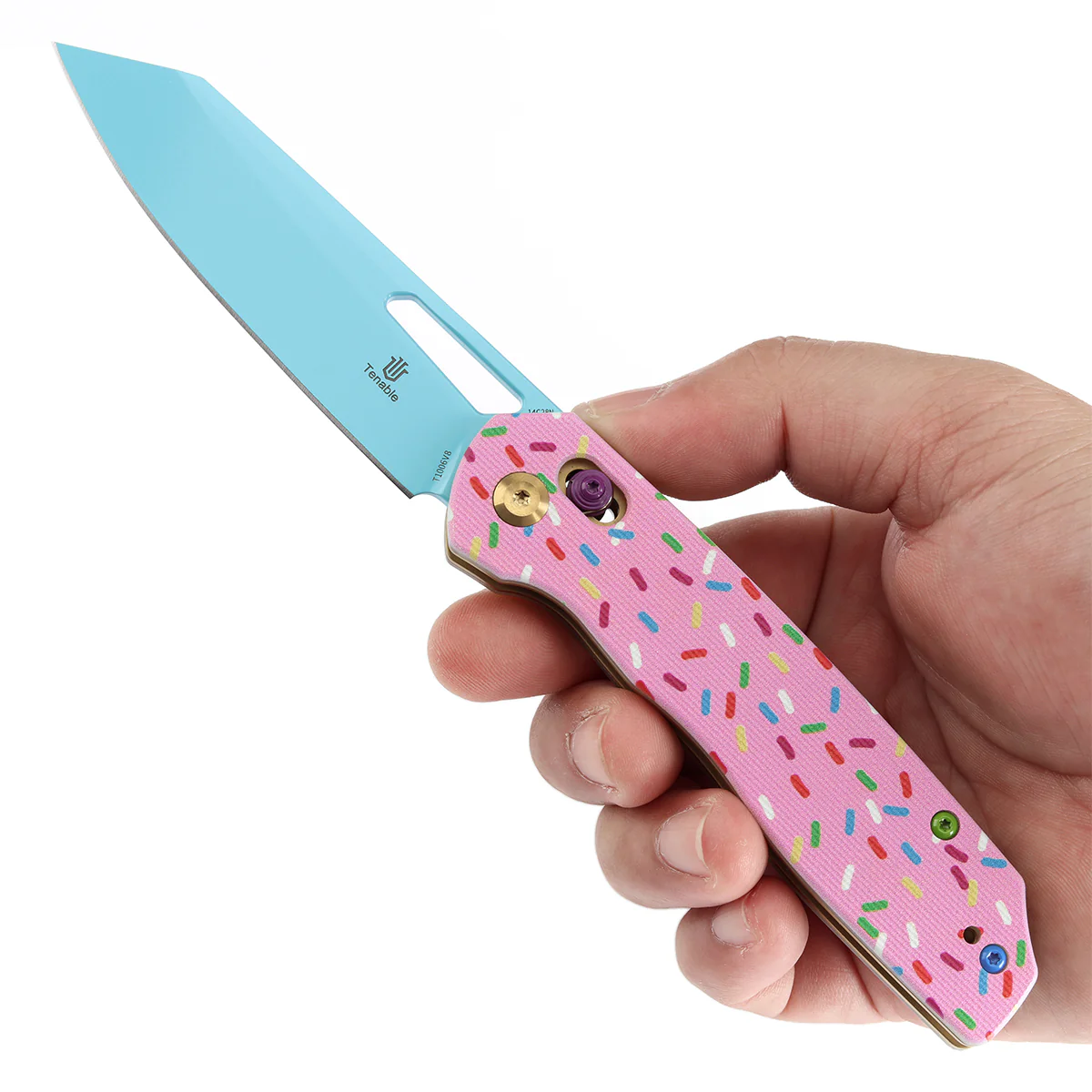 Tenable Shard | Cross Bar Lock Folding Knife | 3.47'' Blue Coated 14C28N Blade | Jade G10 with Donut Print Handle| Kim Ning Design | T1006V8 - Image 9