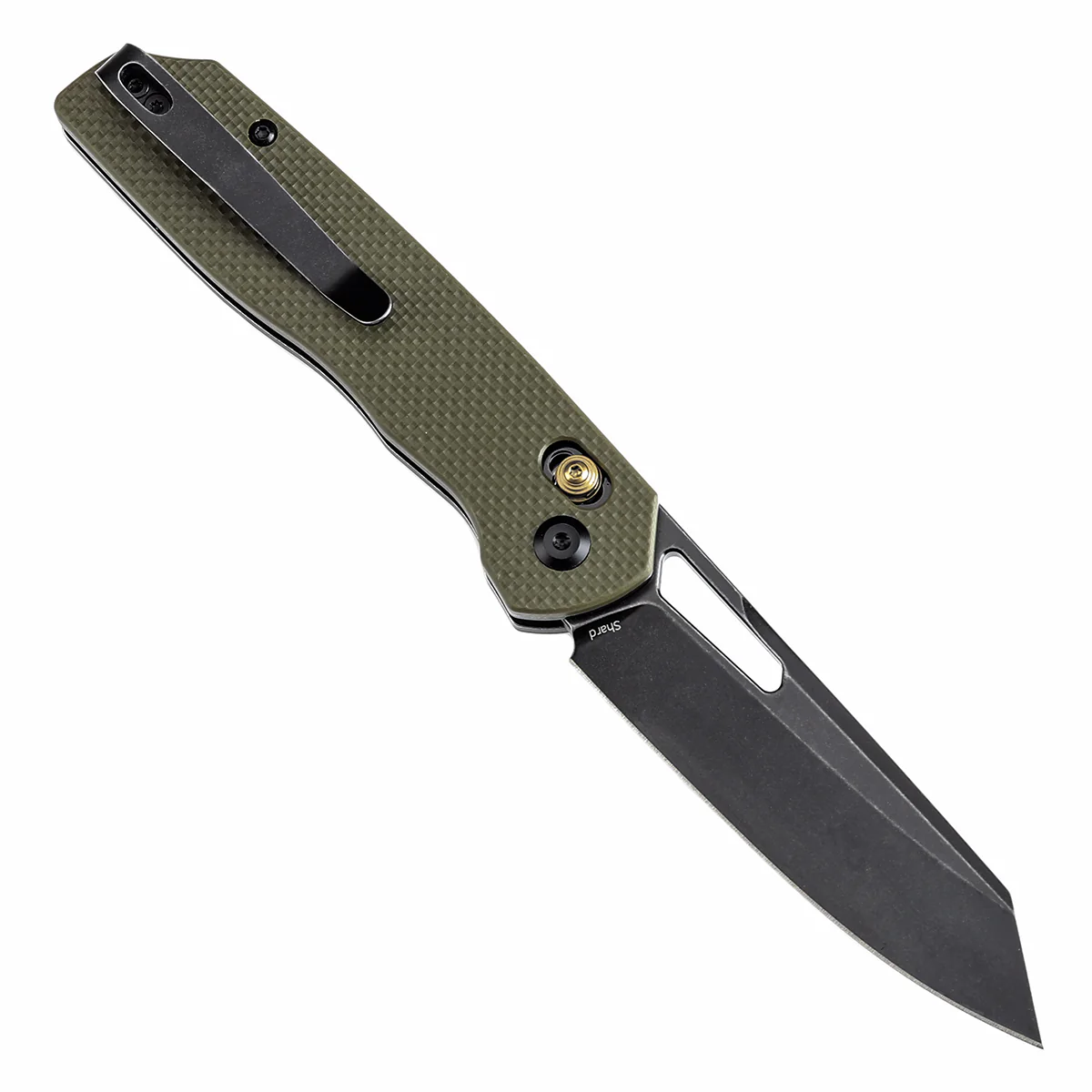 Tenable Shard | Cross Bar Lock Folding Knife | 3.47'' Blackwash 14C28N Blade | Olive Green G10 Handle | Kim Ning Design | T1006V3 - Image 3