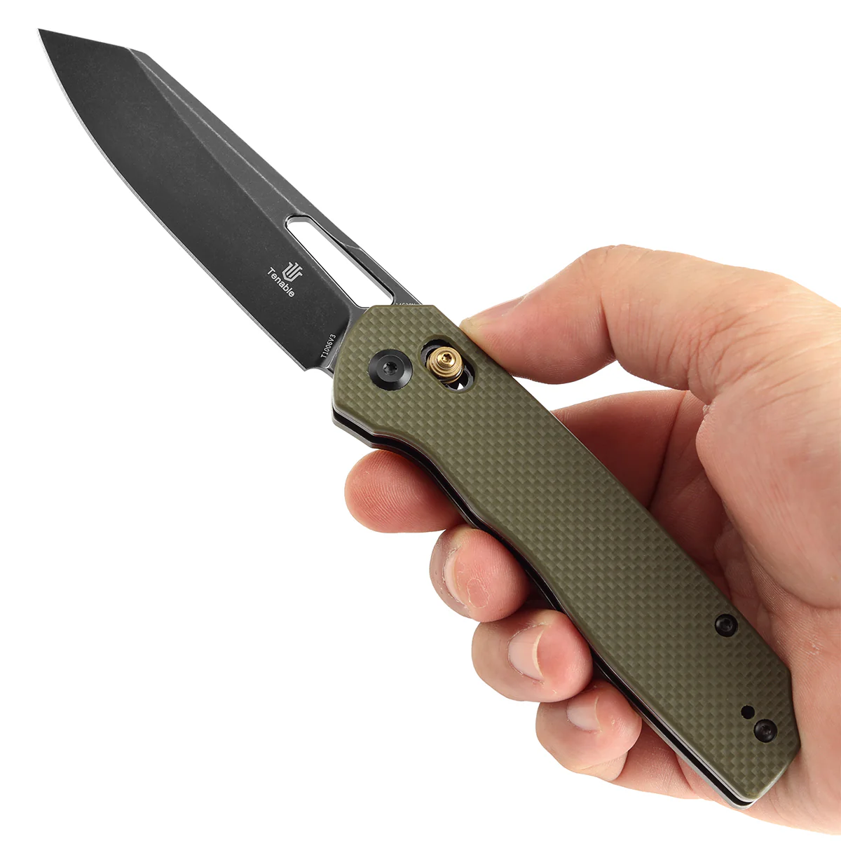 Tenable Shard | Cross Bar Lock Folding Knife | 3.47'' Blackwash 14C28N Blade | Olive Green G10 Handle | Kim Ning Design | T1006V3 - Image 9