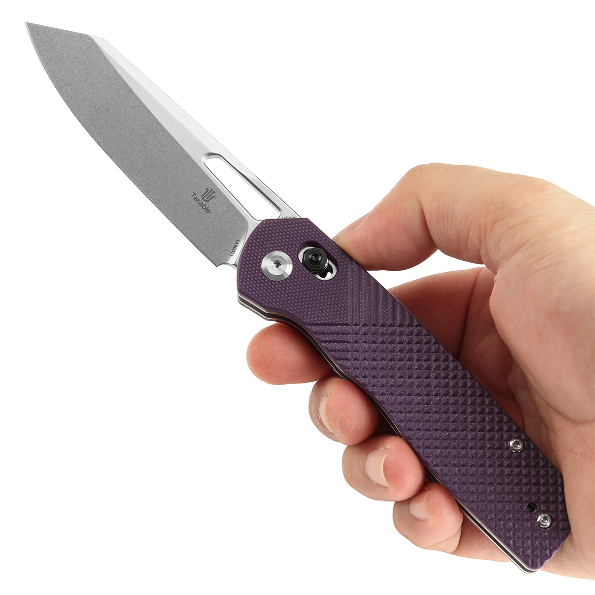 Tenable Shard | Cross Bar Lock Folding Knife | 3.47'' Stonewashed 14C28N Blade | Purple G10 Handle | Kim Ning Design | T1006V5 - Image 9