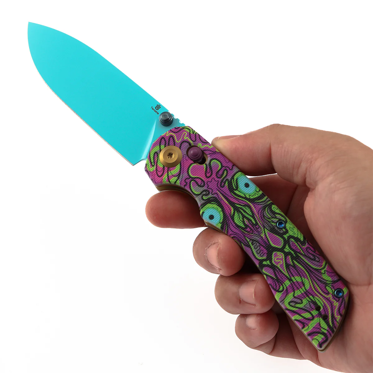 Tenable Kryo Cross Bar Lock |Jade G10 with Purple Undead Print Handle | 3.58‘’ Blue Coated 14C28N Blade| Kim Ning Design - T1001V9 - Image 9