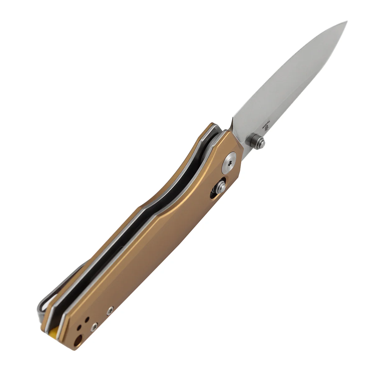 Tenable Beaver Cross Bar Lock Folding Knife Bronze Aluminum Handle (3.44'' Stonewashed Nitro-V Blade) Kim Ning Design-T1105V8 - Image 4