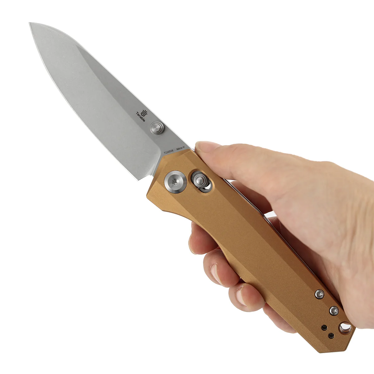 Tenable Beaver Cross Bar Lock Folding Knife Bronze Aluminum Handle (3.44'' Stonewashed Nitro-V Blade) Kim Ning Design-T1105V8 - Image 9