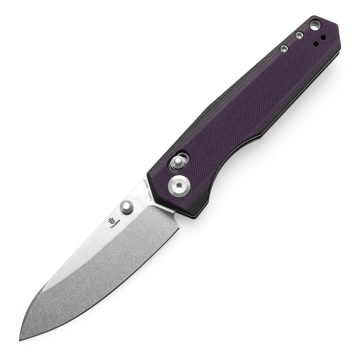 Tenable Beaver Cross Bar Lock Folding Knife Purple and Black G10 Handle (3.44'' Stonewashed Nitro-V Blade) Kim Ning Design-T1105V1 - Image 2