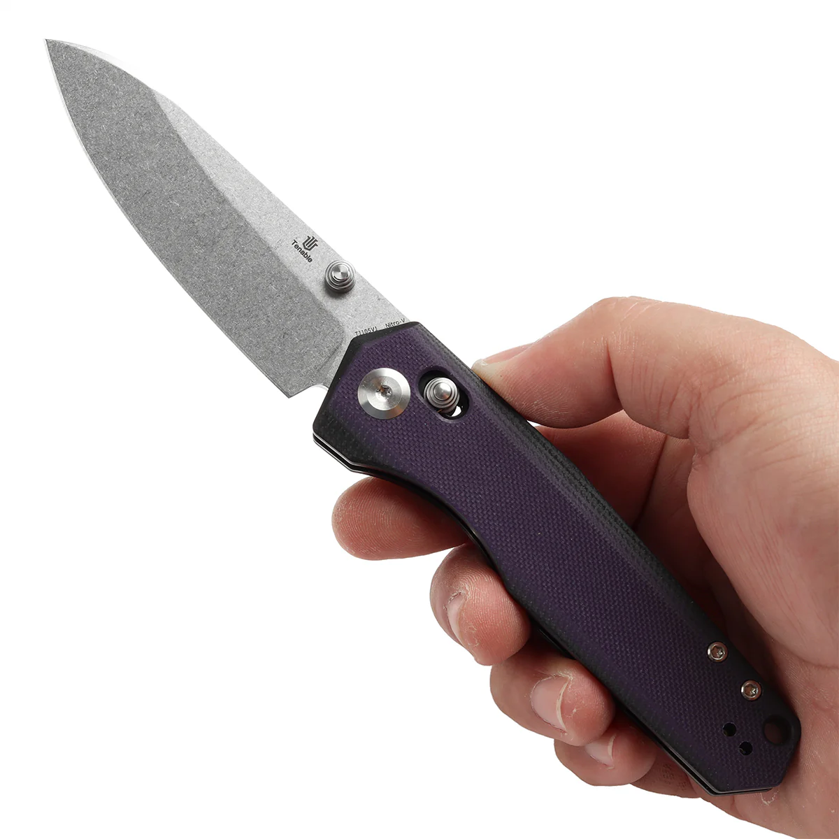 Tenable Beaver Cross Bar Lock Folding Knife Purple and Black G10 Handle (3.44'' Stonewashed Nitro-V Blade) Kim Ning Design-T1105V1 - Image 9