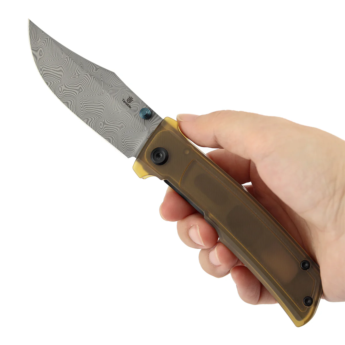 Tenable Bison Folding Knife | 3.24'' Water Ripple Damascus Blade | Amber PEI/Ultem Handle | Ray Laconico Knives Design | B2108A5 - Image 10