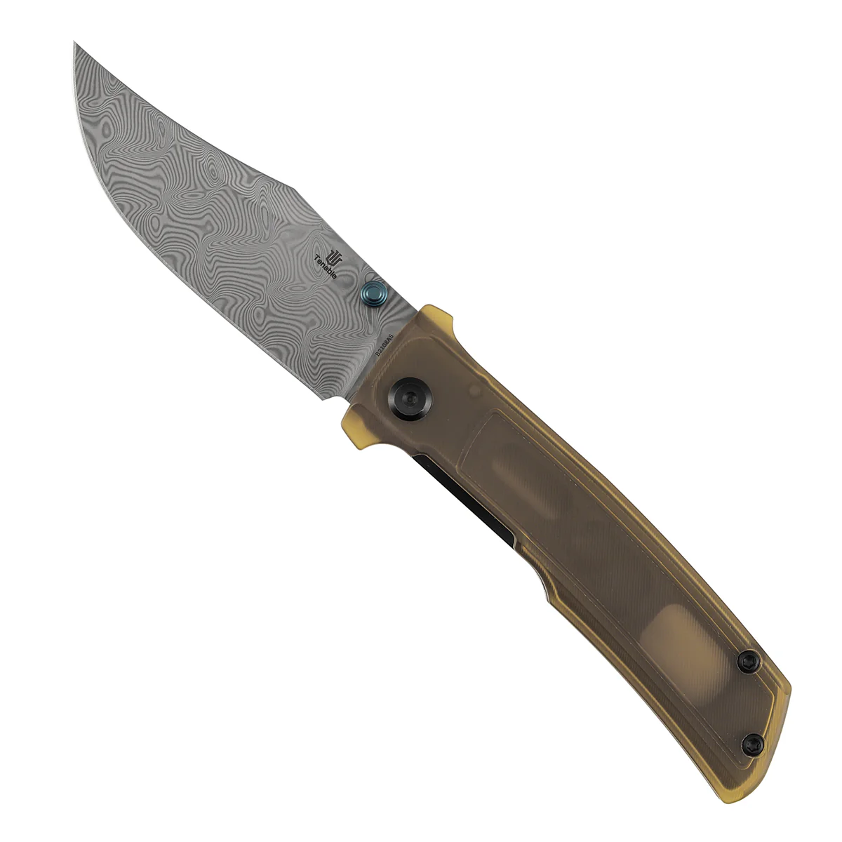 Tenable Bison Folding Knife | 3.24'' Water Ripple Damascus Blade | Amber PEI/Ultem Handle | Ray Laconico Knives Design | B2108A5 - Image 3