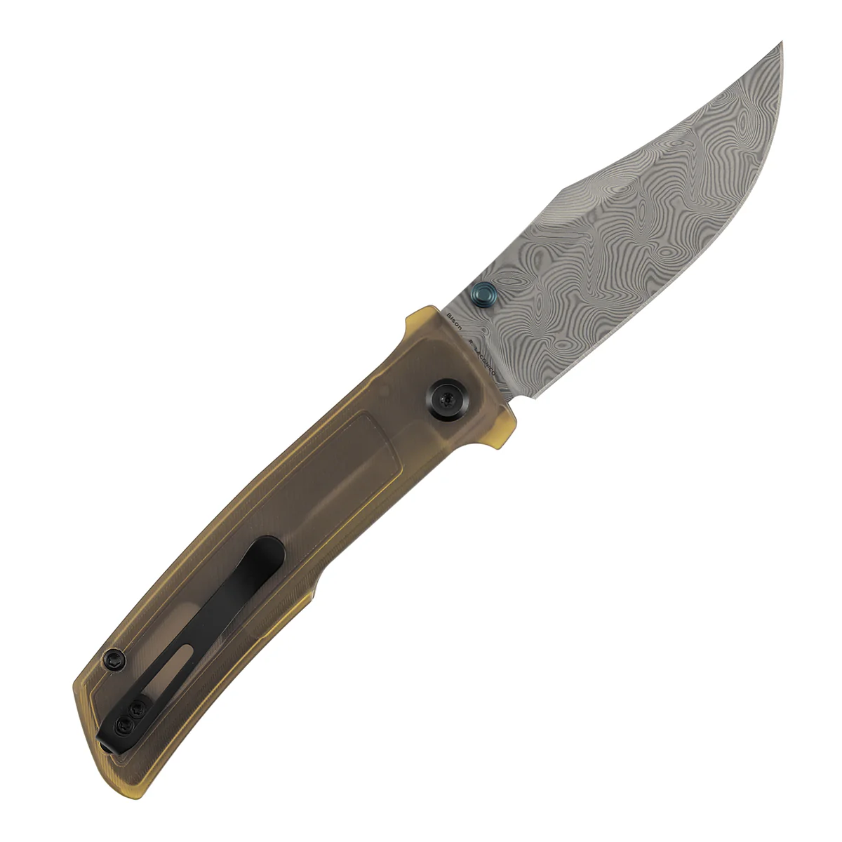 Tenable Bison Folding Knife | 3.24'' Water Ripple Damascus Blade | Amber PEI/Ultem Handle | Ray Laconico Knives Design | B2108A5 - Image 4