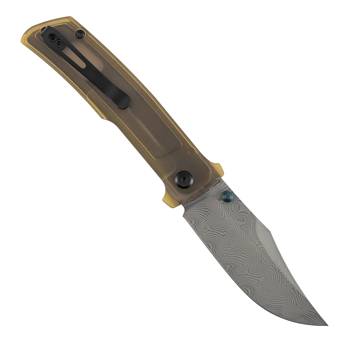 Tenable Bison Folding Knife | 3.24'' Water Ripple Damascus Blade | Amber PEI/Ultem Handle | Ray Laconico Knives Design | B2108A5 - Image 5