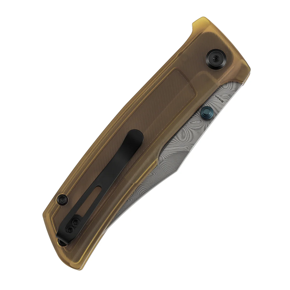 Tenable Bison Folding Knife | 3.24'' Water Ripple Damascus Blade | Amber PEI/Ultem Handle | Ray Laconico Knives Design | B2108A5 - Image 8
