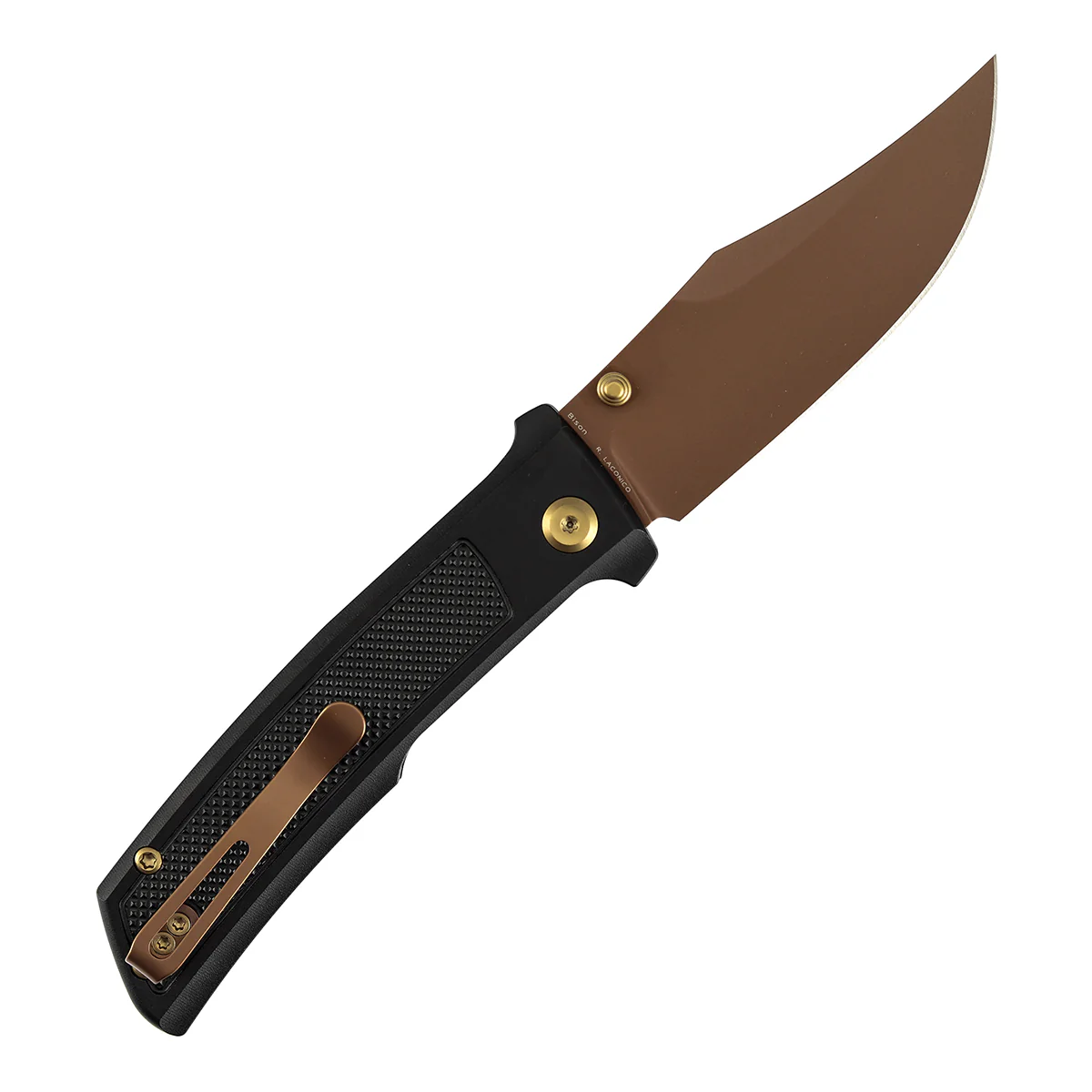 Tenable Bison Folding Knife | 3.24'' Rose Gold Nitro V Blade | Black Aluminum with Frag Pattern Handle | Ray Laconico Knives Design | B2108A3 - Image 8