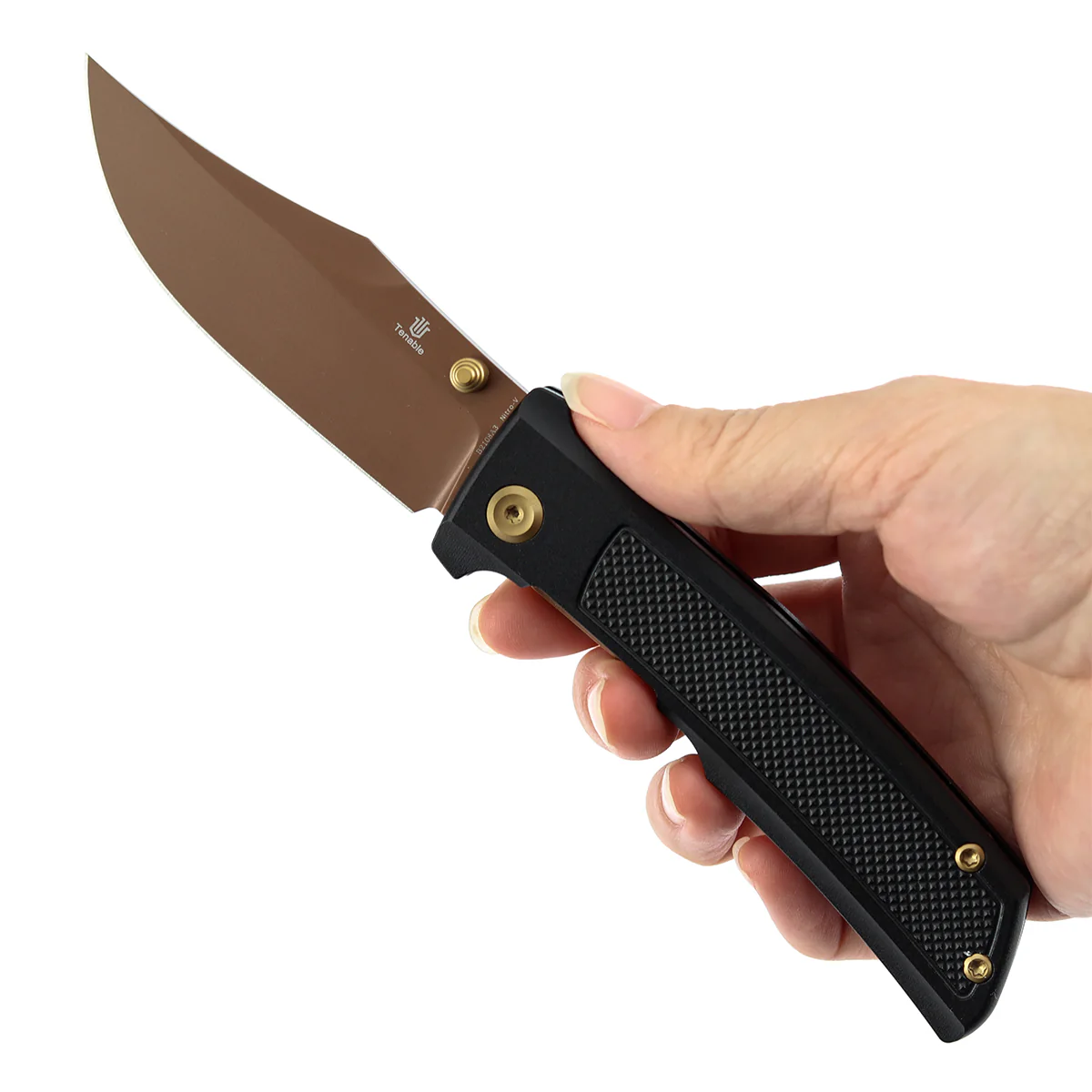 Tenable Bison Folding Knife | 3.24'' Rose Gold Nitro V Blade | Black Aluminum with Frag Pattern Handle | Ray Laconico Knives Design | B2108A3 - Image 9