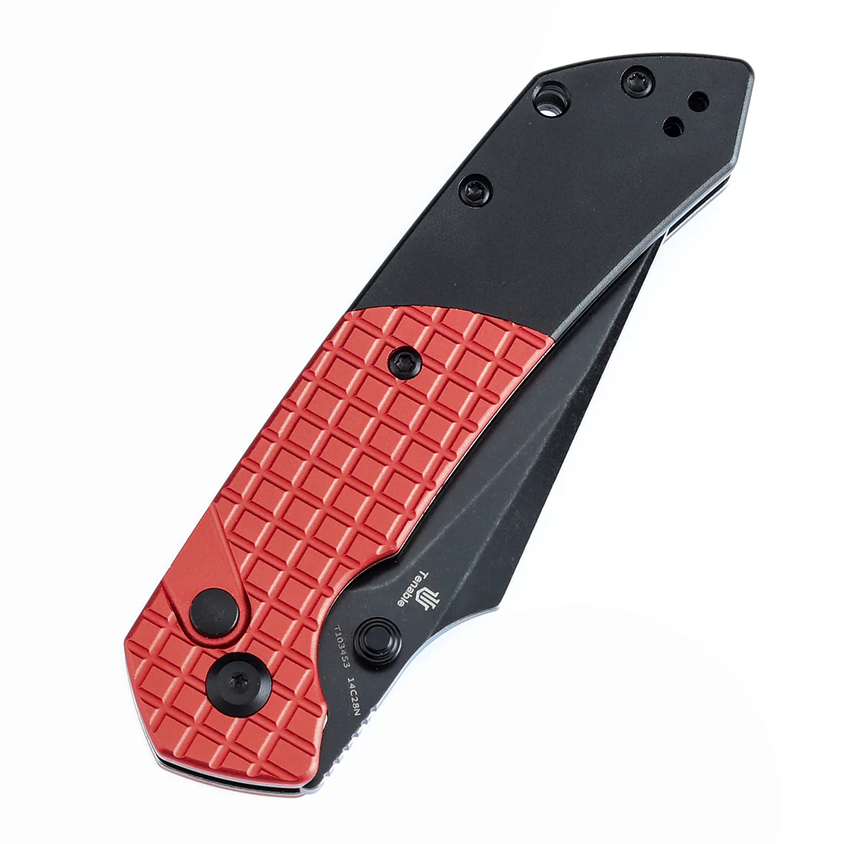 Tenable Button Lock Fenrir Folding Knife-Best Gift for Christmas Dark Red Aluminum with Frag Pattern & Black Handle (3.45" Blackwash 14C28N Blade) Sparrow Knife Design--T1034S3 - Image 6