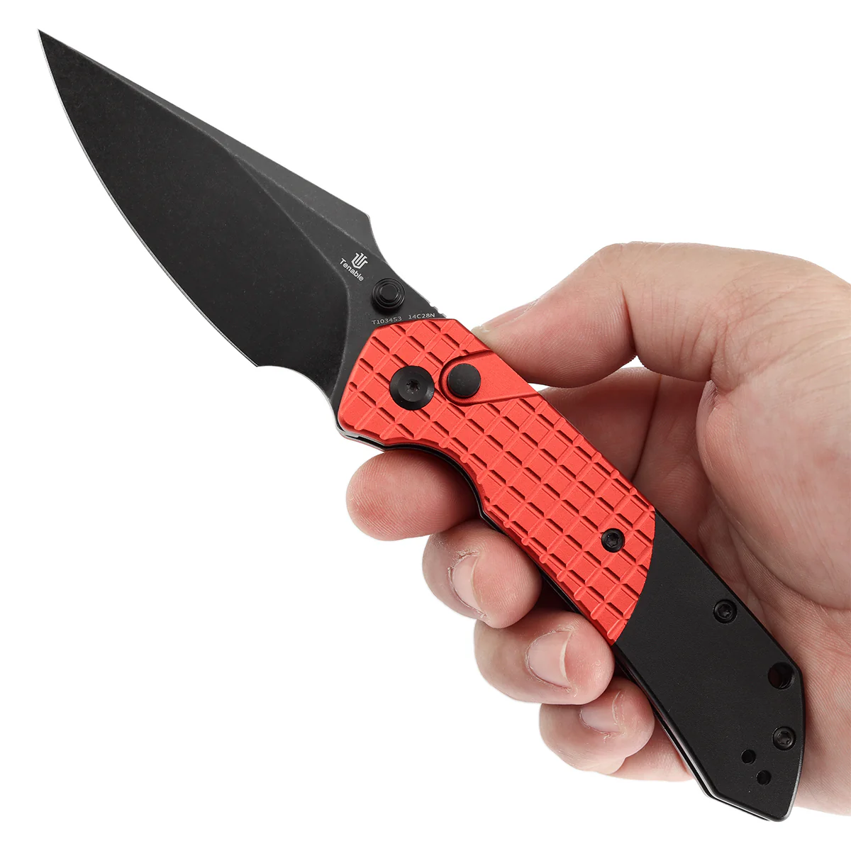 Tenable Button Lock Fenrir Folding Knife-Best Gift for Christmas Dark Red Aluminum with Frag Pattern & Black Handle (3.45" Blackwash 14C28N Blade) Sparrow Knife Design--T1034S3 - Image 9