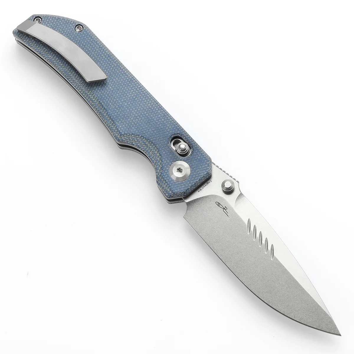 Tenable Eaglestrike Cross Bar Lock Folding Knife Blue Micarta Handle (3.73'' Stonewashed Nitro-V Blade) James Lowe Design-T1095V2 - Image 3