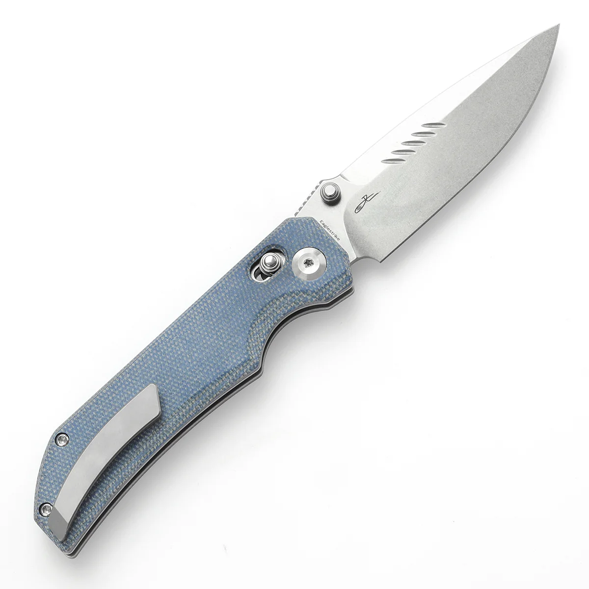 Tenable Eaglestrike Cross Bar Lock Folding Knife Blue Micarta Handle (3.73'' Stonewashed Nitro-V Blade) James Lowe Design-T1095V2 - Image 8