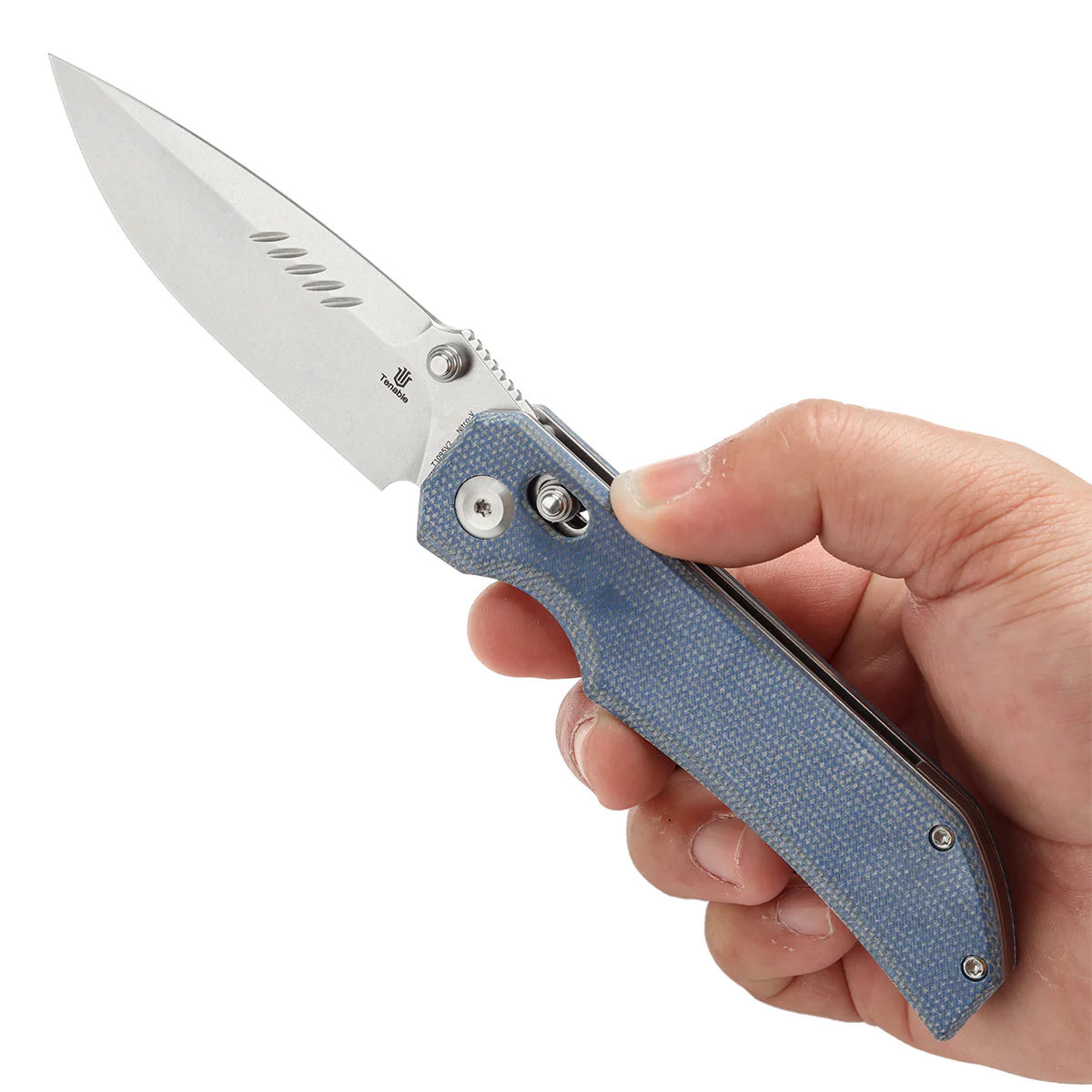 Tenable Eaglestrike Cross Bar Lock Folding Knife Blue Micarta Handle (3.73'' Stonewashed Nitro-V Blade) James Lowe Design-T1095V2 - Image 9