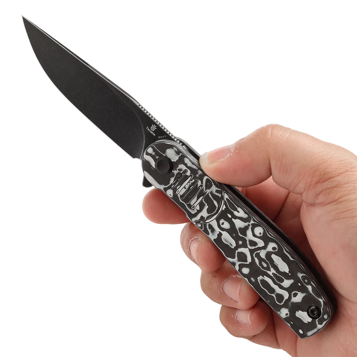 Tenable Einar Folding Knife Black & White Carbon Fiber Handle (3.13'' Blackwash Nitro-V Blade) Justin Lundquist Design-T2072A4 - Image 9