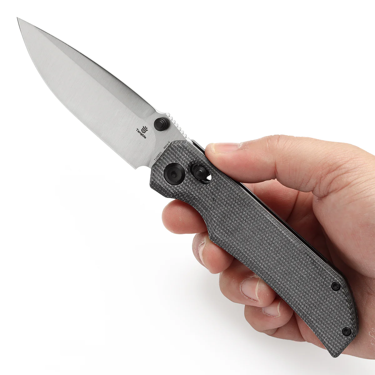 Tenable Eaglestrike Cross Bar Lock Folding Knife Black Micarta Handle (3.73'' Satin Nitro-V Blade) James Lowe Design-T1095V1 - Image 9
