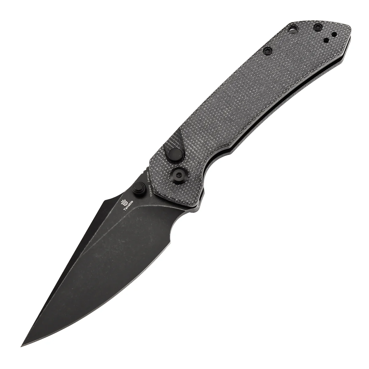 Tenable Fenrir Button Lock Knife | Black Micarta Handle | 3.45" blackwashed 14C28N | Sparrow Knife Design | T1034F6 - Image 2
