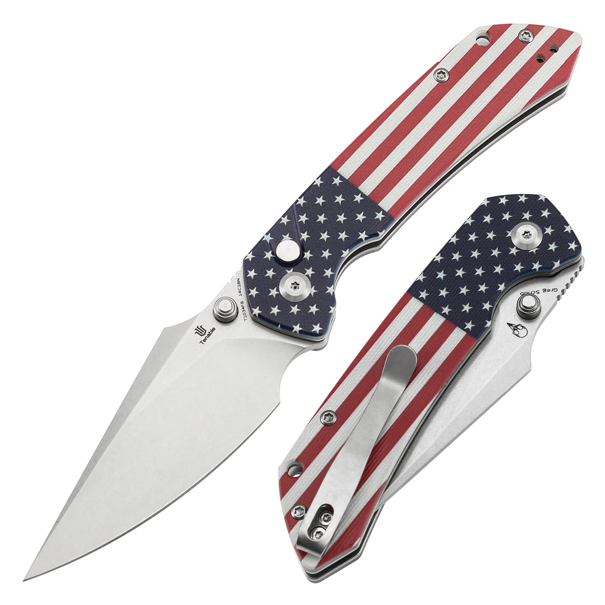 Tenable Fenrir Button Lock Knife | Jade G10 with American Flag Handle | 3.45" Stonewashed 14C28N | Sparrow Knife Design | T1034F8