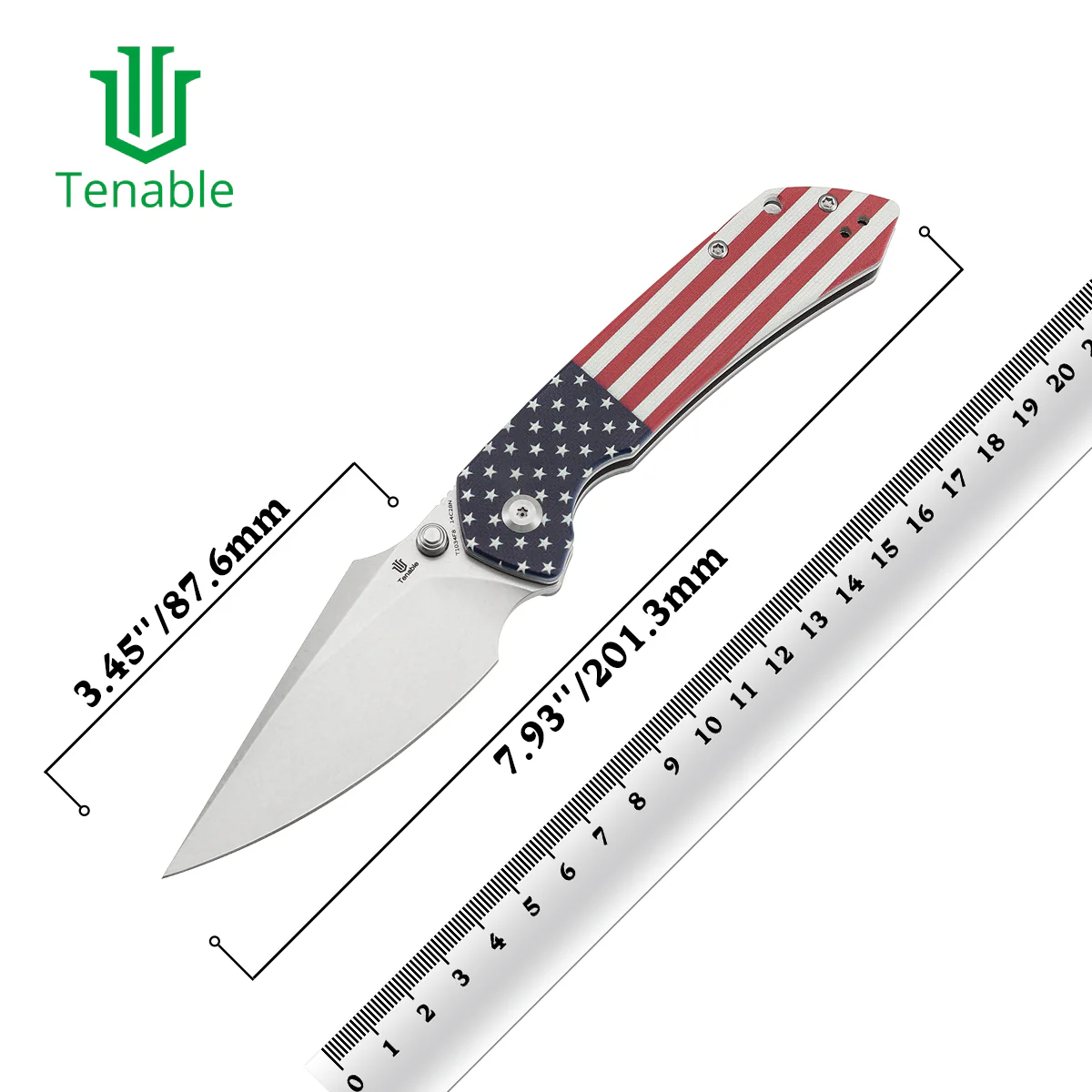 Tenable Fenrir Button Lock Knife | Jade G10 with American Flag Handle | 3.45" Stonewashed 14C28N | Sparrow Knife Design | T1034F8 - Image 10