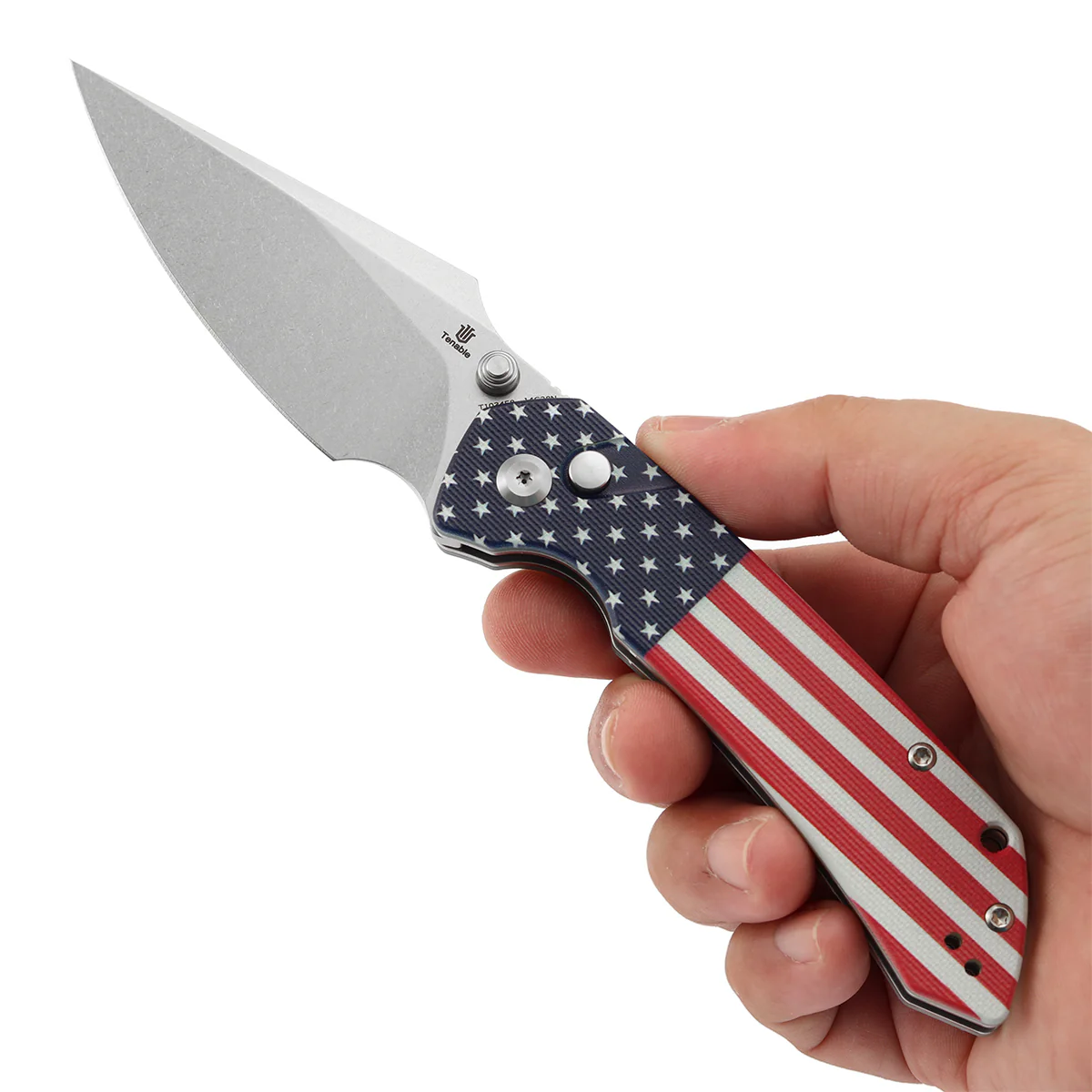 Tenable Fenrir Button Lock Knife | Jade G10 with American Flag Handle | 3.45" Stonewashed 14C28N | Sparrow Knife Design | T1034F8 - Image 9