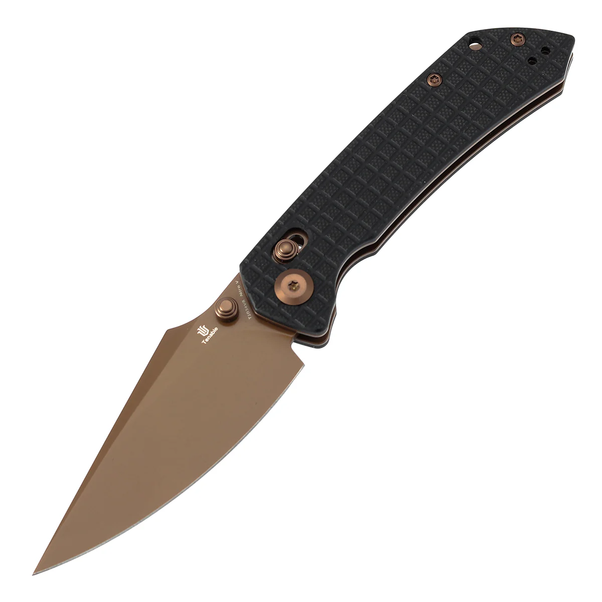 Tenable Fenrir Cross Bar Lock Folding Knife| Black G10 with Frag Pattern| 3.48" Rose Gold Coated Nitro-V Blade | Sparrow Knife Design | T1034V8 - Image 2