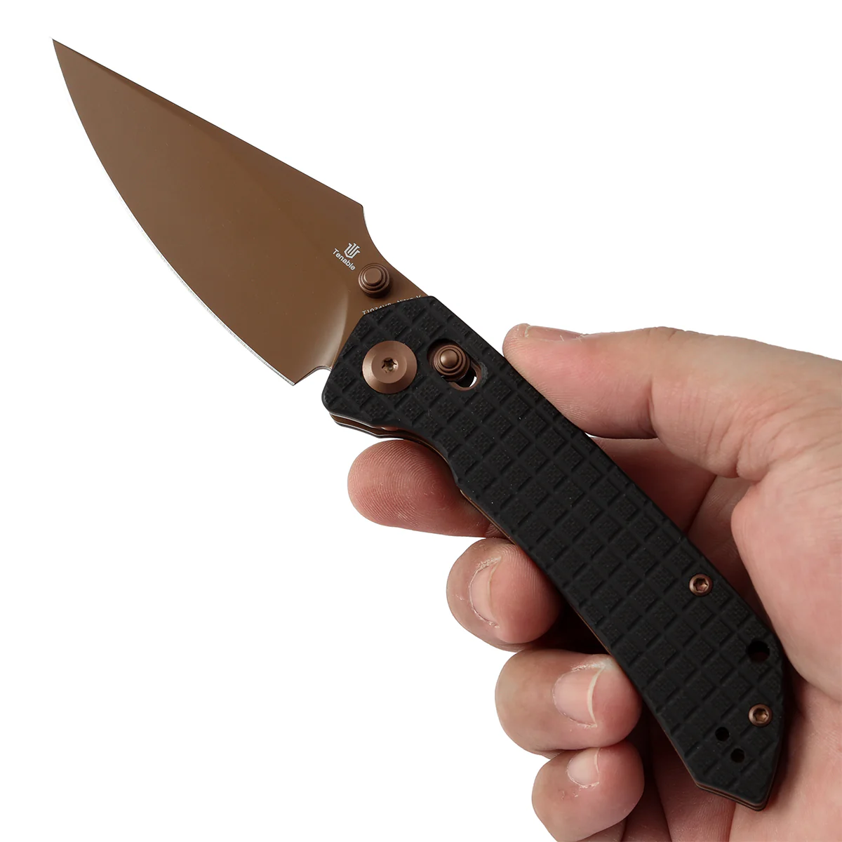 Tenable Fenrir Cross Bar Lock Folding Knife| Black G10 with Frag Pattern| 3.48" Rose Gold Coated Nitro-V Blade | Sparrow Knife Design | T1034V8 - Image 9