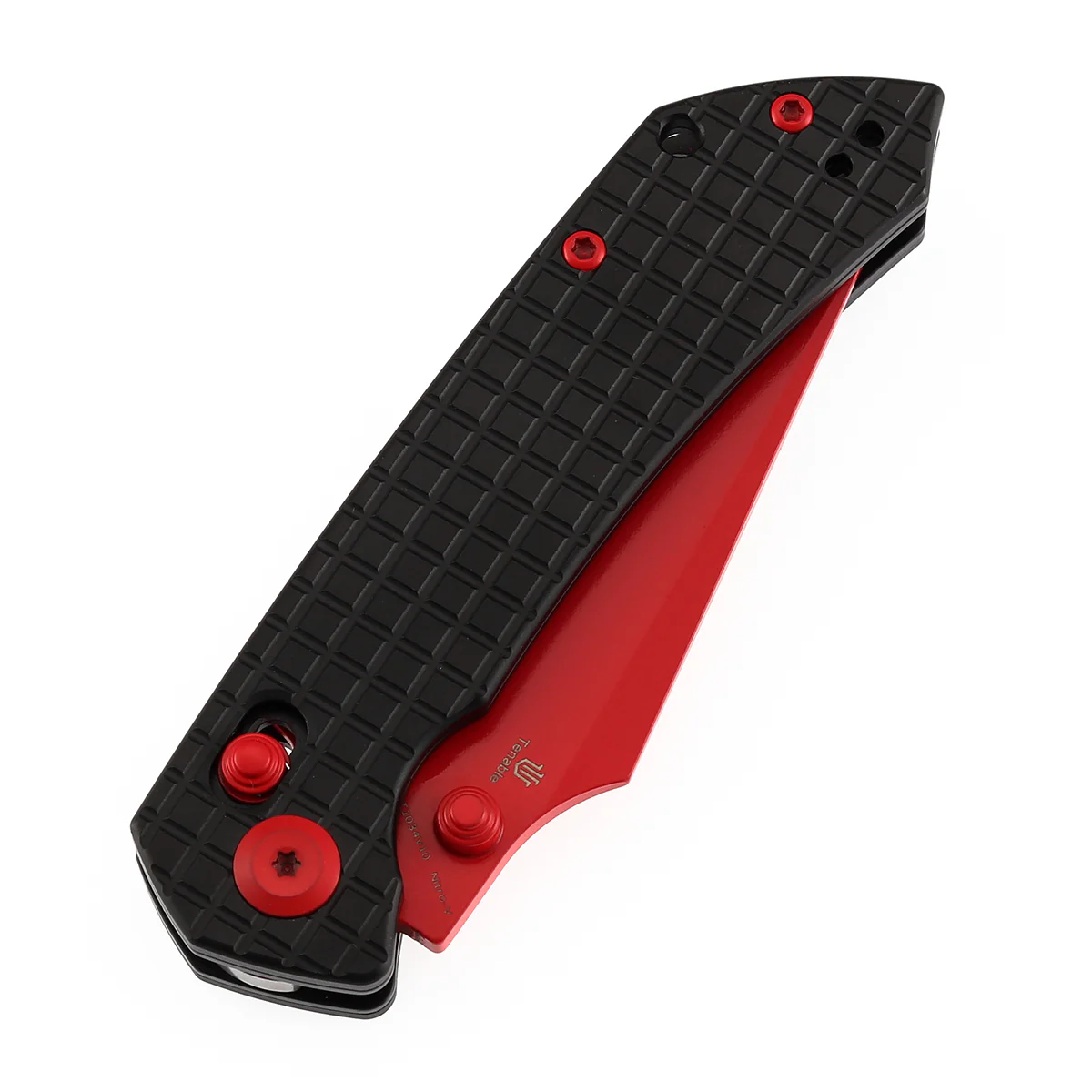 Tenable Fenrir Cross Bar Lock Folding Knife| Blcak Aluminum with Frag Pattern | Red Coated Nitro-V Blade | T1034V10 - Image 6