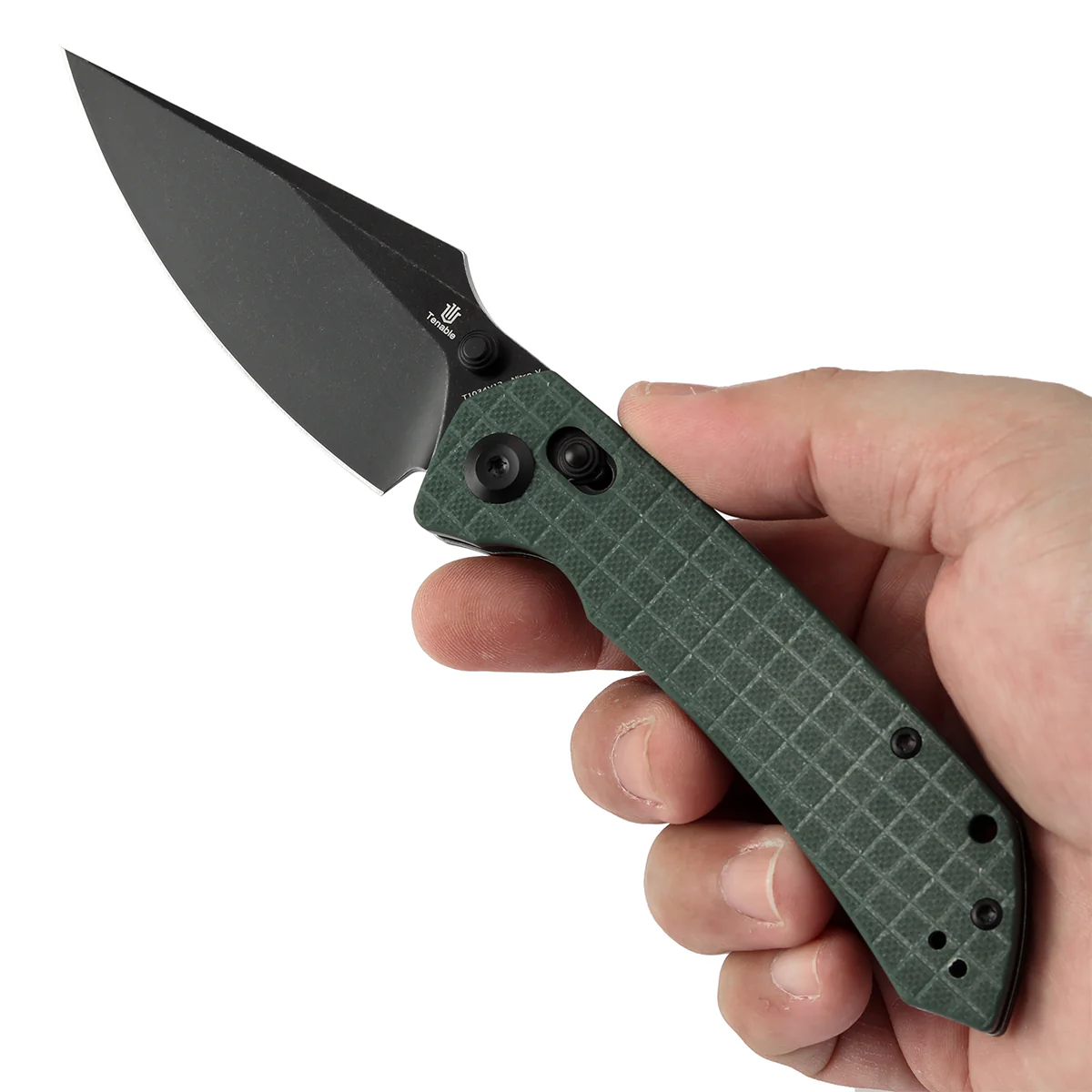 Tenable Fenrir Cross Bar Lock Folding Knife| Green G10 with Frag Pattern | 3.48" Blackwashed Nitro-V Blade | Sparrow Knife Design | T1034V12 - Image 9