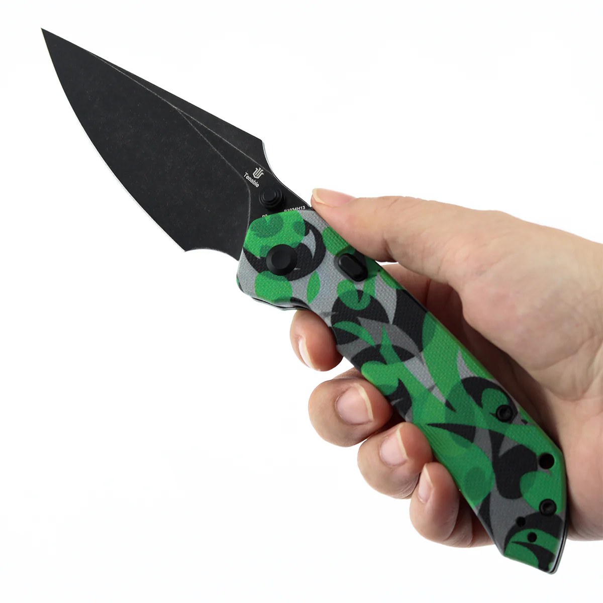 Tenable Fenrir Top Liner Lock Folding Knife| 3.4“ Blackwash D2 Blade | Jade G10 with Green Camouflage Pattern Handle | Sparrow Knife Design | B1034H13 - Image 9