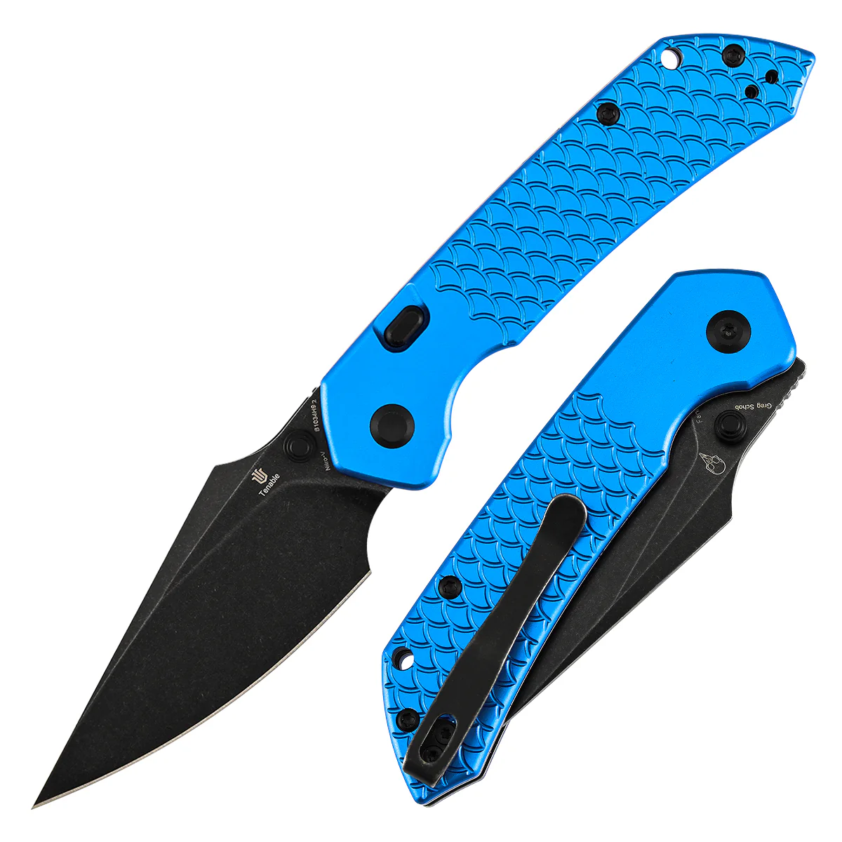 Tenable Fenrir Top Liner Lock Folding Knife| | 3.48“ Blackwash Nitro V Blade | Dark Blue Anodized Aluminum with Fishscale Texture Handle | Sparrow Knife Design | B1034H92