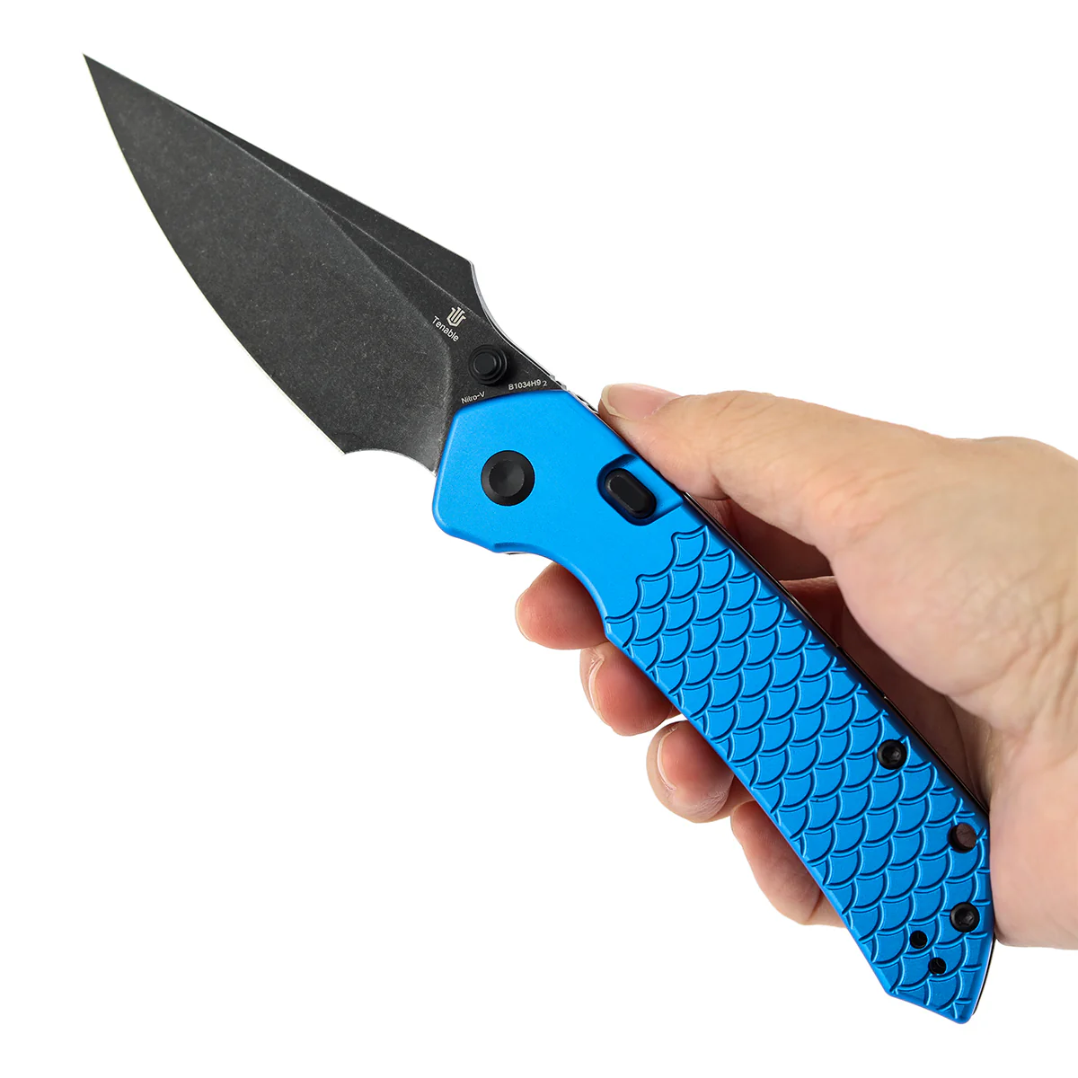 Tenable Fenrir Top Liner Lock Folding Knife| | 3.48“ Blackwash Nitro V Blade | Dark Blue Anodized Aluminum with Fishscale Texture Handle | Sparrow Knife Design | B1034H92 - Image 9