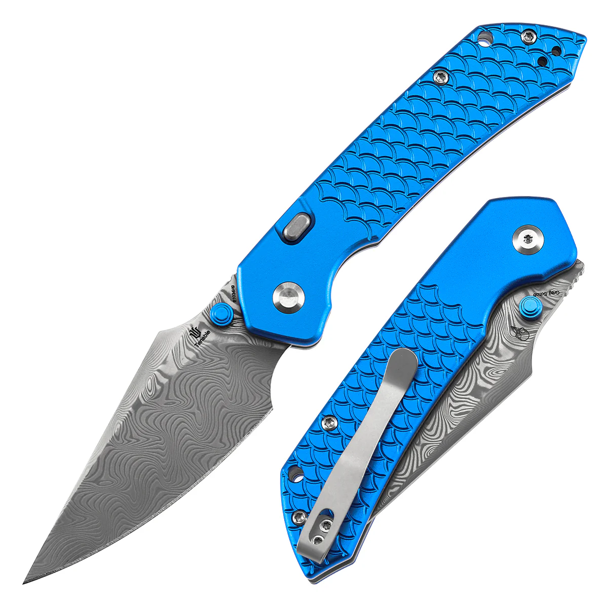 Tenable Fenrir Top Liner Lock Folding Knife| Dark Blue Anodized Aluminum with Fishscale Texture Handle | 3.48“ Damascus Blade | Sparrow Knife Design | B1034H9