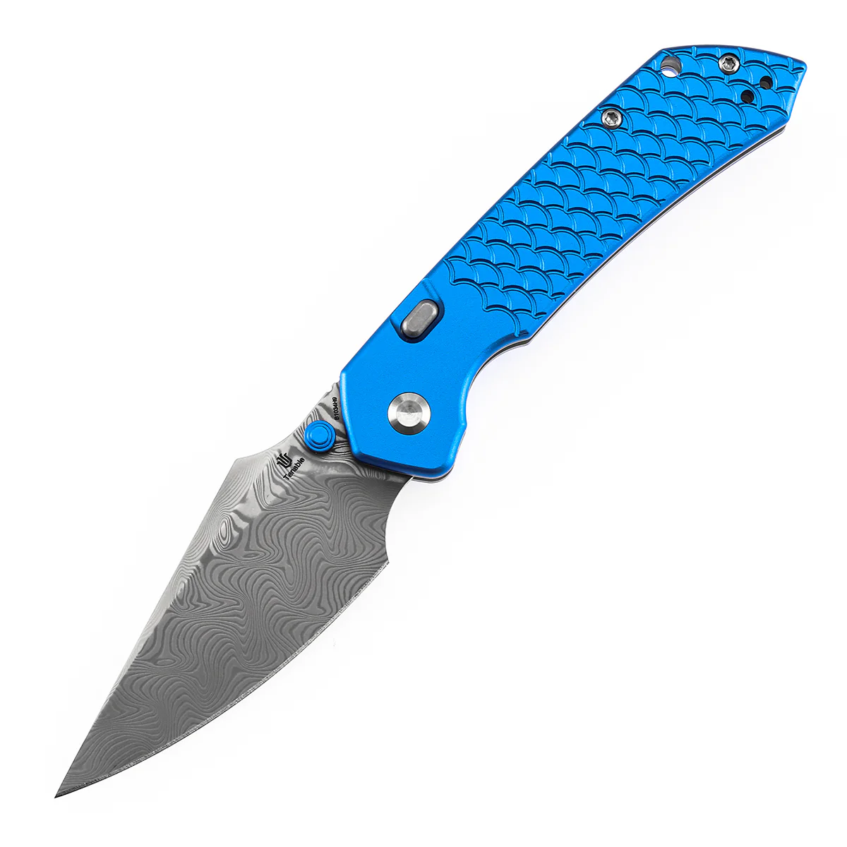 Tenable Fenrir Top Liner Lock Folding Knife| Dark Blue Anodized Aluminum with Fishscale Texture Handle | 3.48“ Damascus Blade | Sparrow Knife Design | B1034H9 - Image 2
