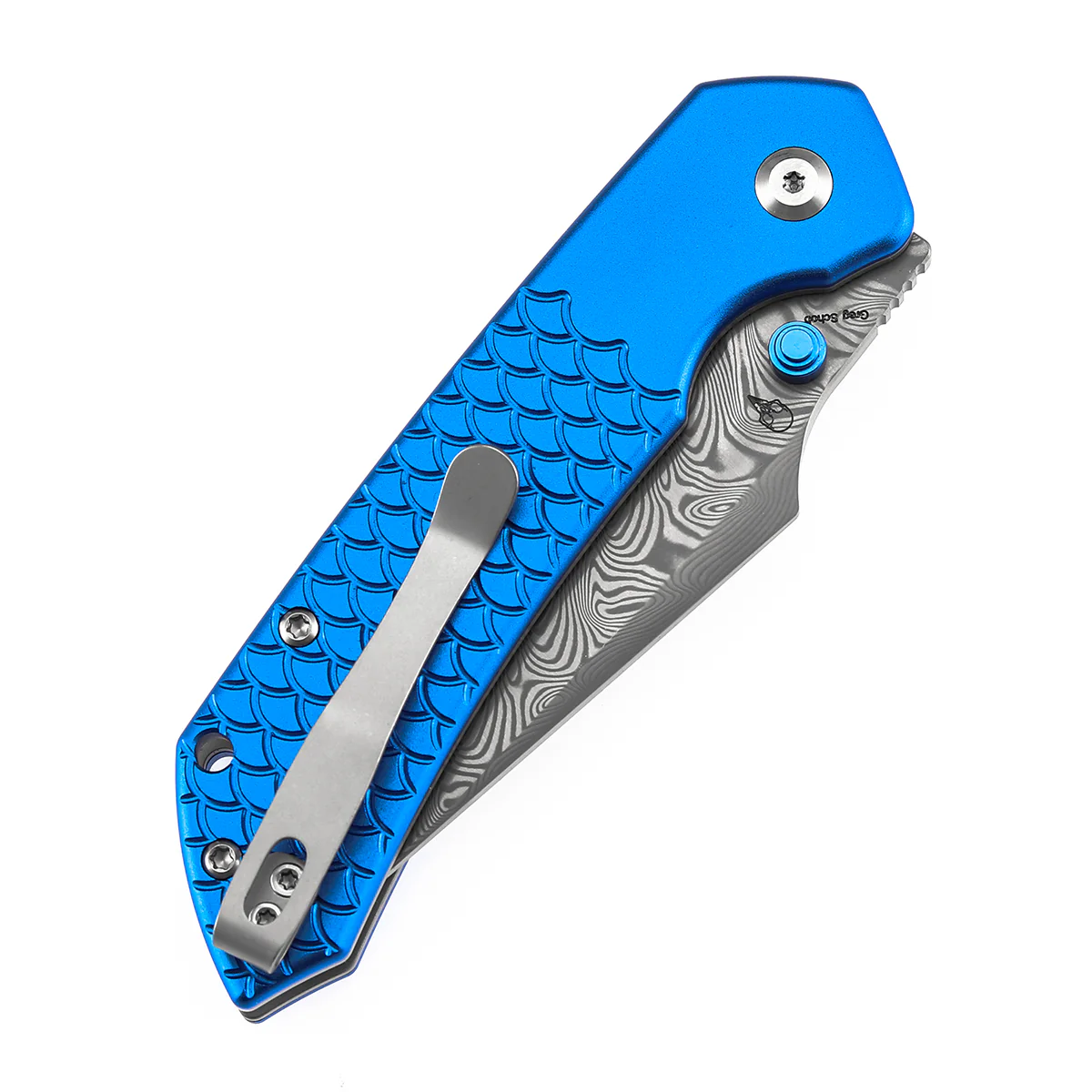 Tenable Fenrir Top Liner Lock Folding Knife| Dark Blue Anodized Aluminum with Fishscale Texture Handle | 3.48“ Damascus Blade | Sparrow Knife Design | B1034H9 - Image 7