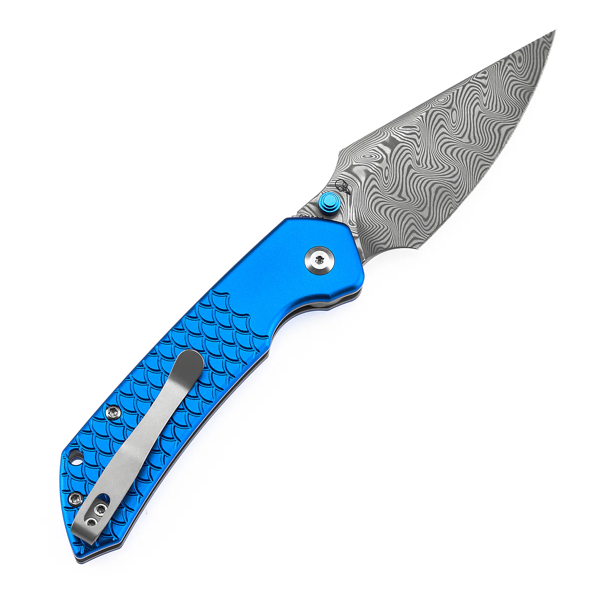 Tenable Fenrir Top Liner Lock Folding Knife| Dark Blue Anodized Aluminum with Fishscale Texture Handle | 3.48“ Damascus Blade | Sparrow Knife Design | B1034H9 - Image 8