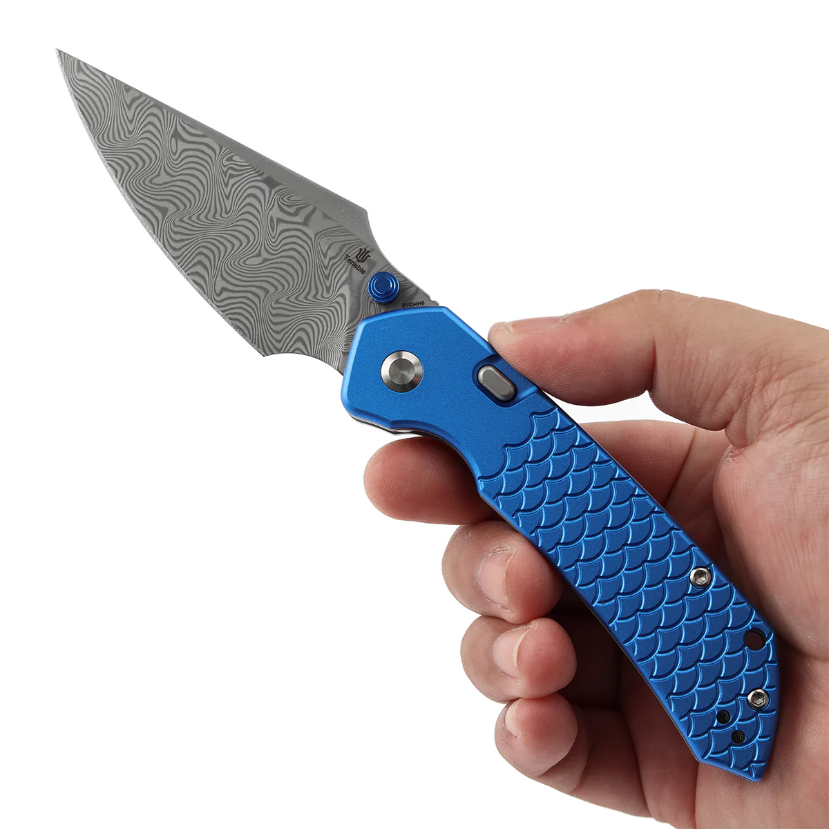 Tenable Fenrir Top Liner Lock Folding Knife| Dark Blue Anodized Aluminum with Fishscale Texture Handle | 3.48“ Damascus Blade | Sparrow Knife Design | B1034H9 - Image 9